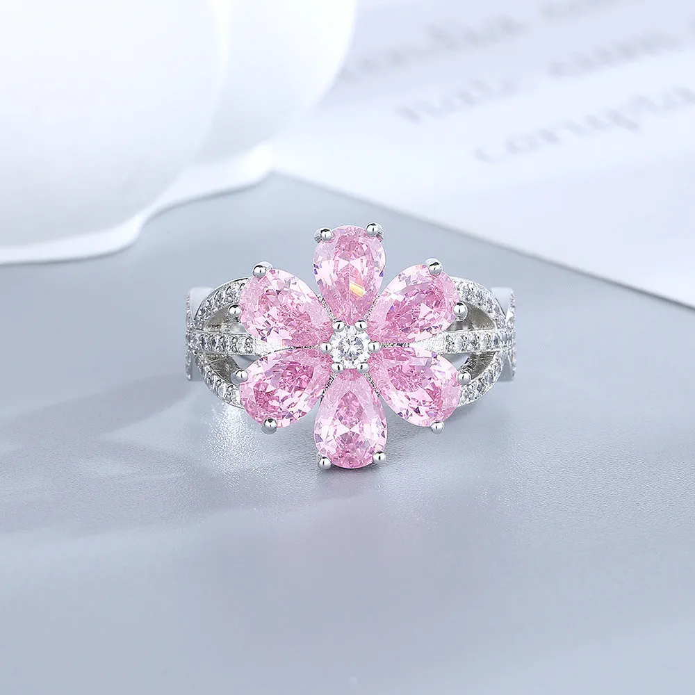 Fashion Exquisite Sweet Flowers Ring Niche Cherry Blossom Light Luxury Mori Style Index Finger Ring Diamond-embedded Simple Temperament Ring