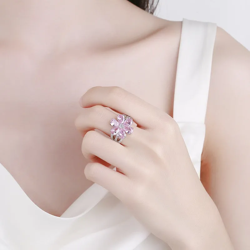 Fashion Exquisite Sweet Flowers Ring Niche Cherry Blossom Light Luxury Mori Style Index Finger Ring Diamond-embedded Simple Temperament Ring