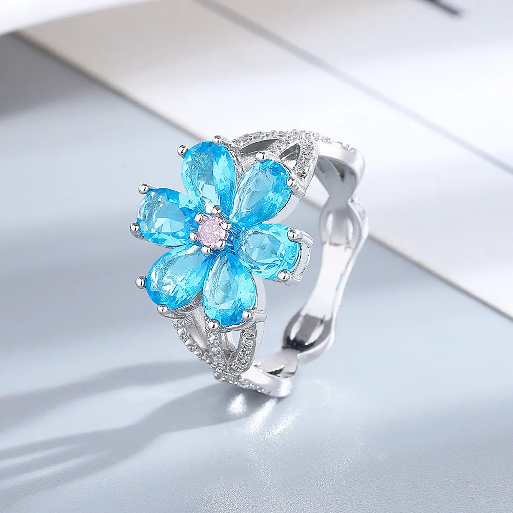 Fashion Exquisite Sweet Flowers Ring Niche Cherry Blossom Light Luxury Mori Style Index Finger Ring Diamond-embedded Simple Temperament Ring