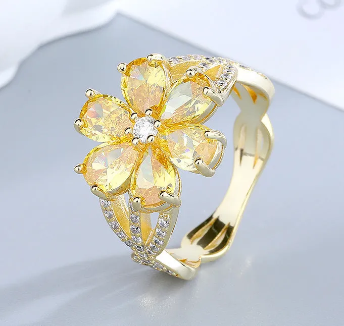 Fashion Exquisite Sweet Flowers Ring Niche Cherry Blossom Light Luxury Mori Style Index Finger Ring Diamond-embedded Simple Temperament Ring