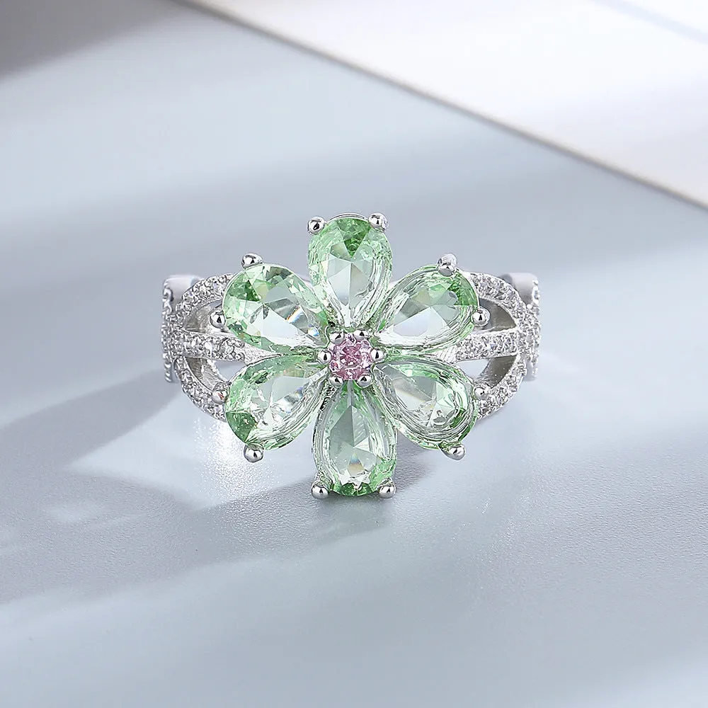 Fashion Exquisite Sweet Flowers Ring Niche Cherry Blossom Light Luxury Mori Style Index Finger Ring Diamond-embedded Simple Temperament Ring