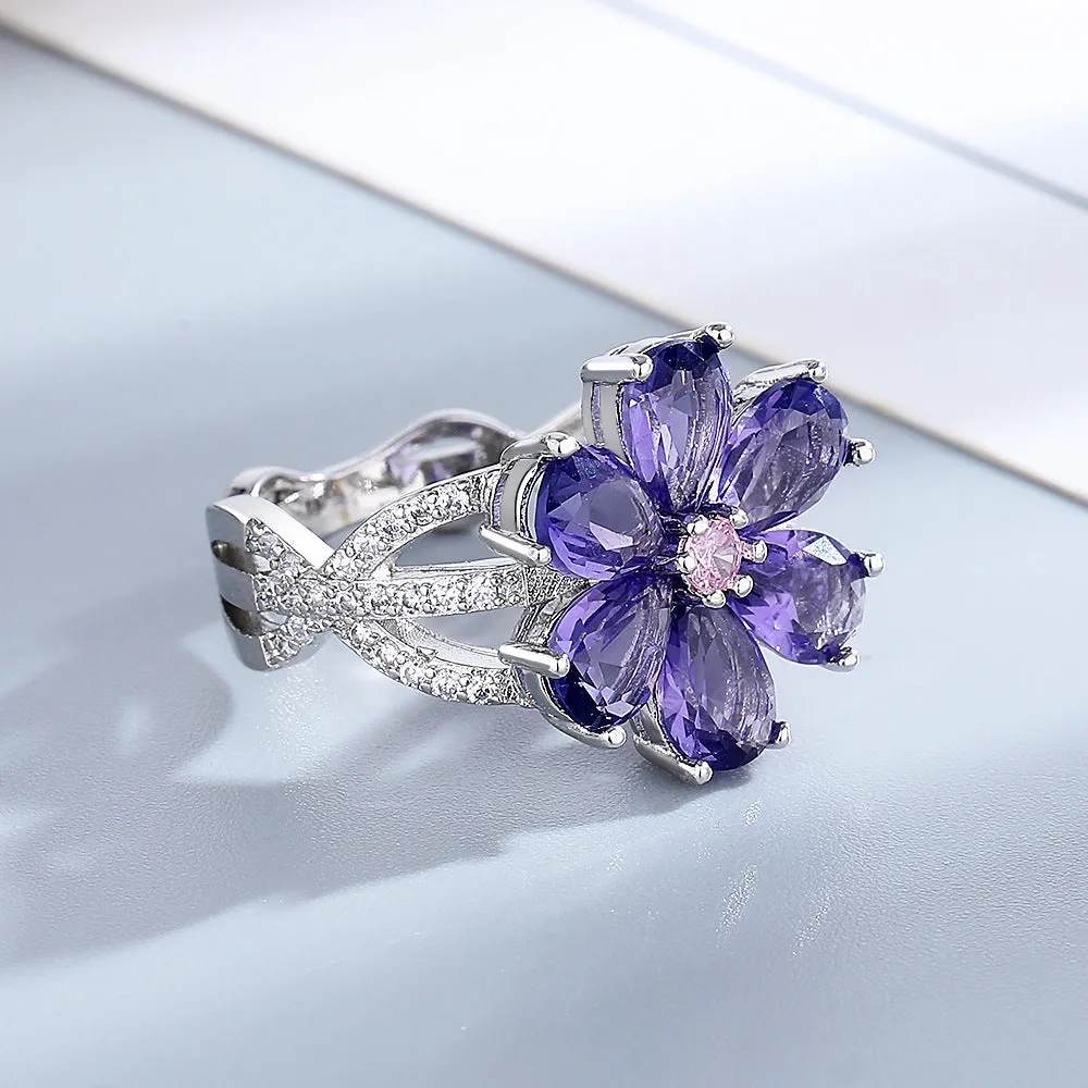 Fashion Exquisite Sweet Flowers Ring Niche Cherry Blossom Light Luxury Mori Style Index Finger Ring Diamond-embedded Simple Temperament Ring
