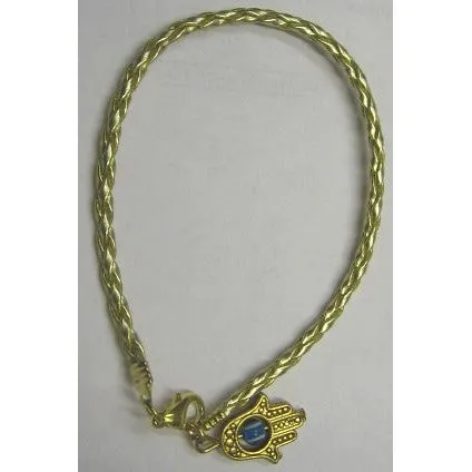 Gold Hamsa / Evil Eye Charm Gold Braided Leather Bracelet - A best seller