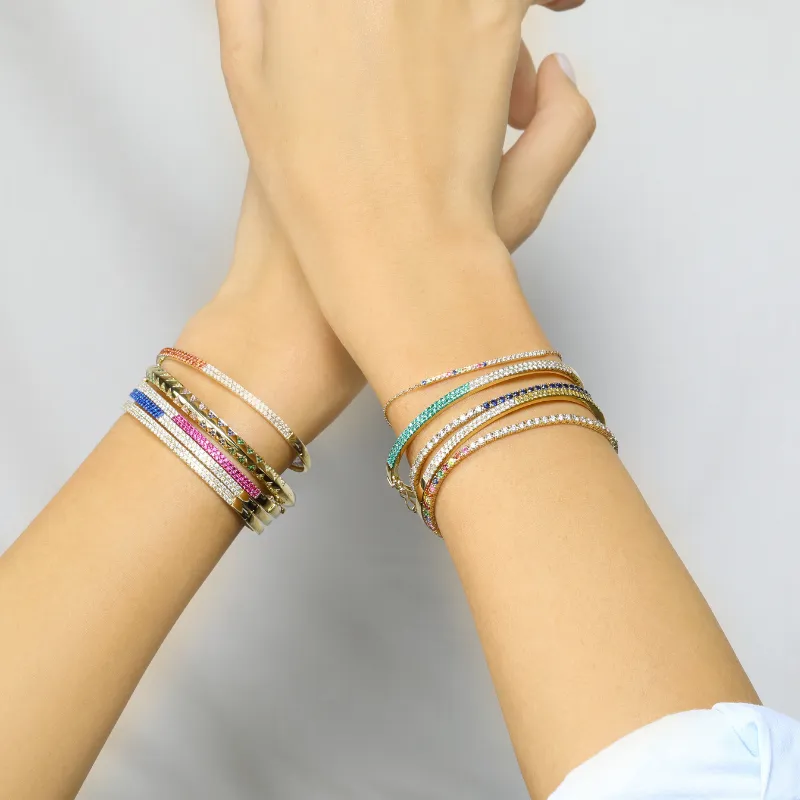 Half Diamond Half Gemstone Bar Charm Link Bracelet
