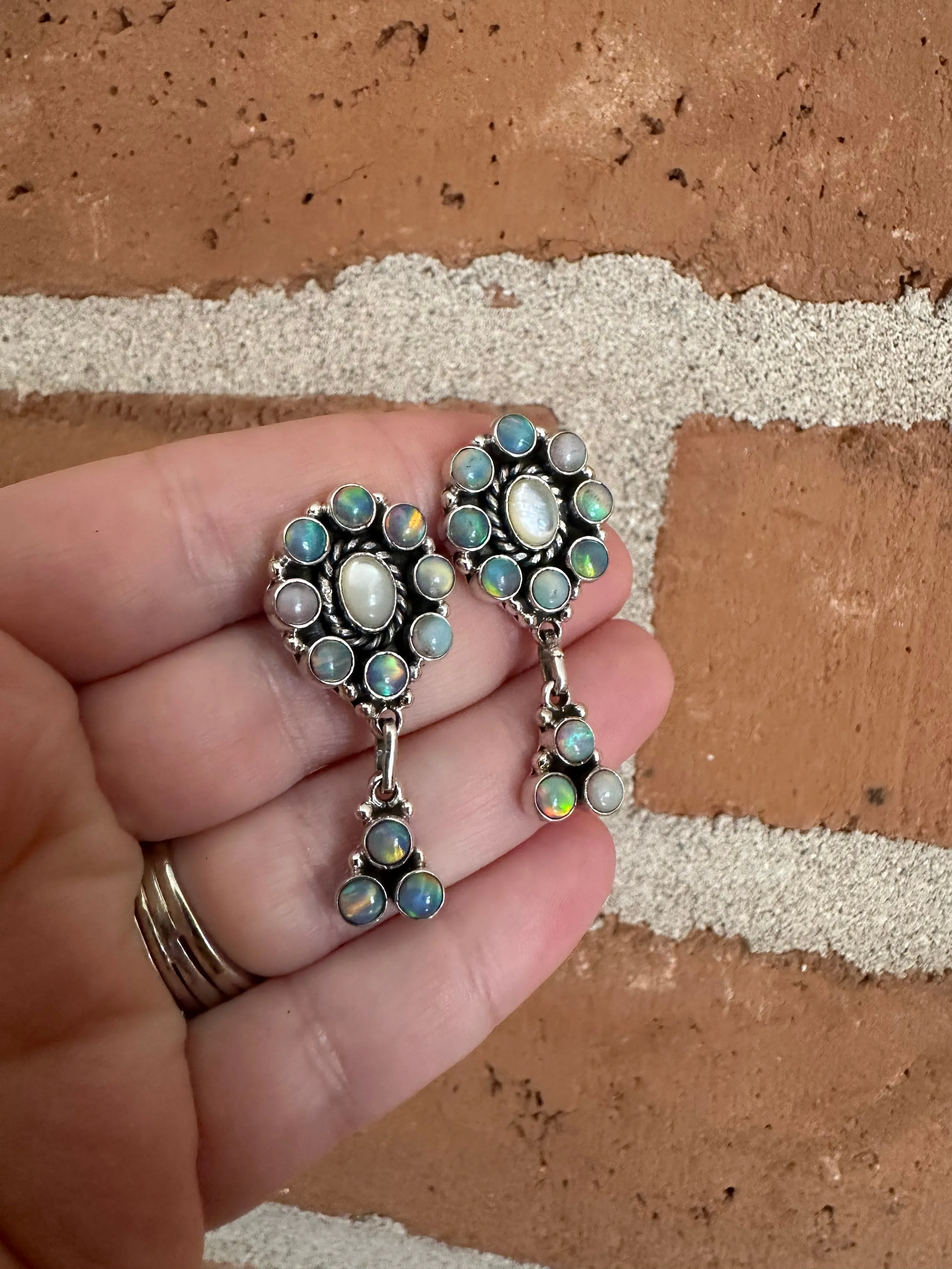 Handmade Sterling Silver, Mother of Pearl & Pink Opal Dangle Earrings