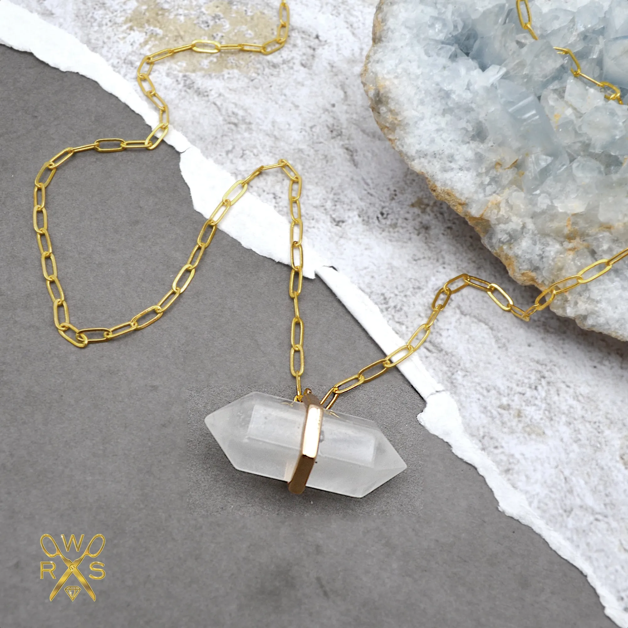 Hexagon Double Point Quartz - Paperclip Chain - Necklace