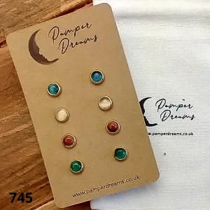 Hypoallergenic Stainless Steel CZ & Opalite Earring Set 4 Pairs Gold Colour -  745
