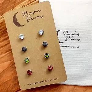 Hypoallergenic Stainless Steel CZ Earring Set 4 Pairs Silver Colour -  673
