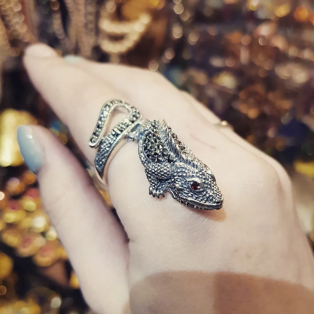 Iguana Lizard Ring Silver Marcasite
