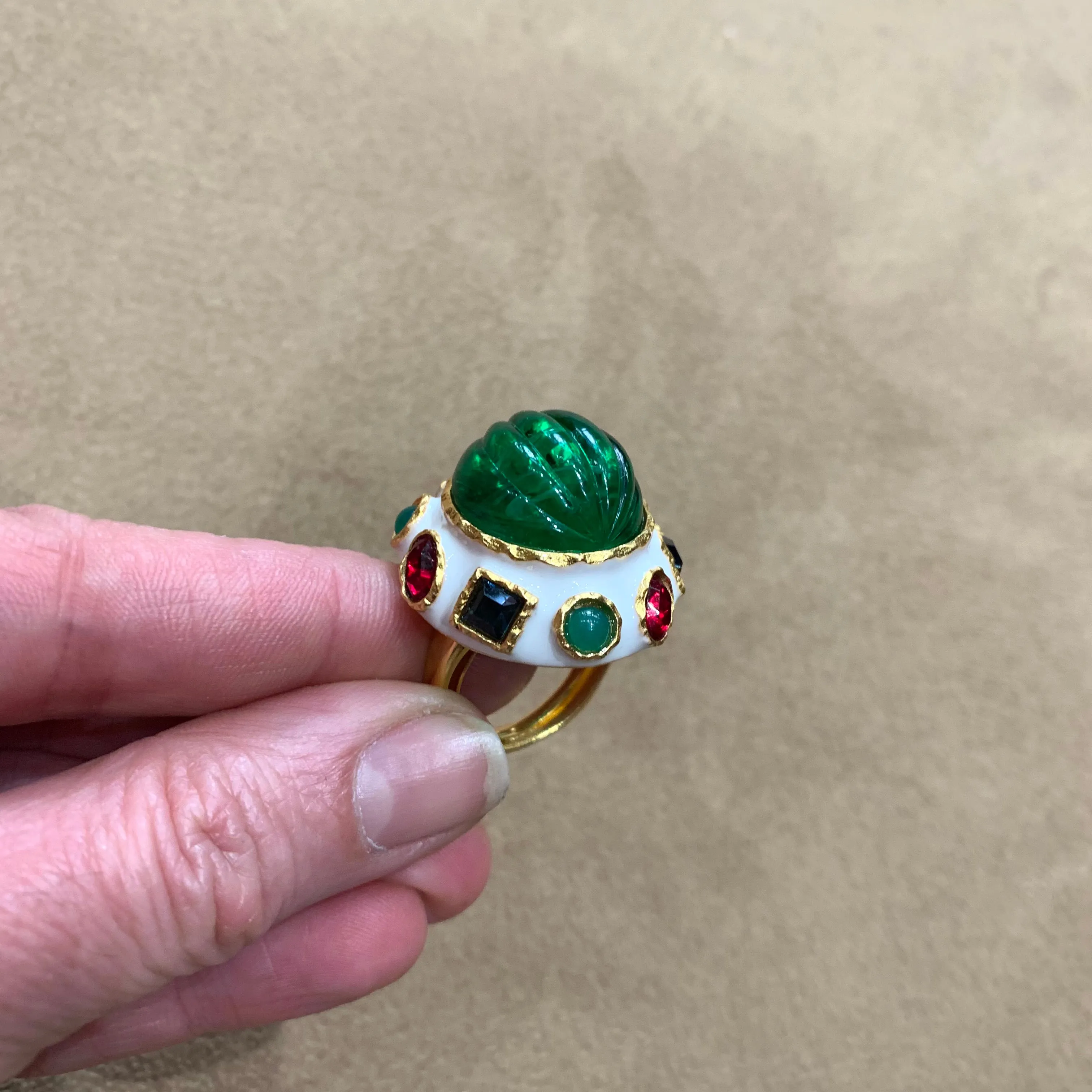 Kenneth Jay Lane Emerald Green White Enamel Jewelled Statement ring