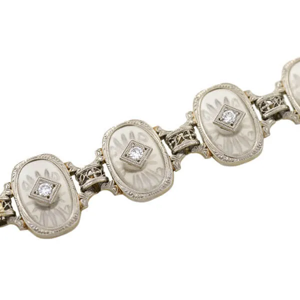 KREMENTZ Art Deco Platinum/14kt Reverse Carved Rock Crystal & Diamond Bracelet