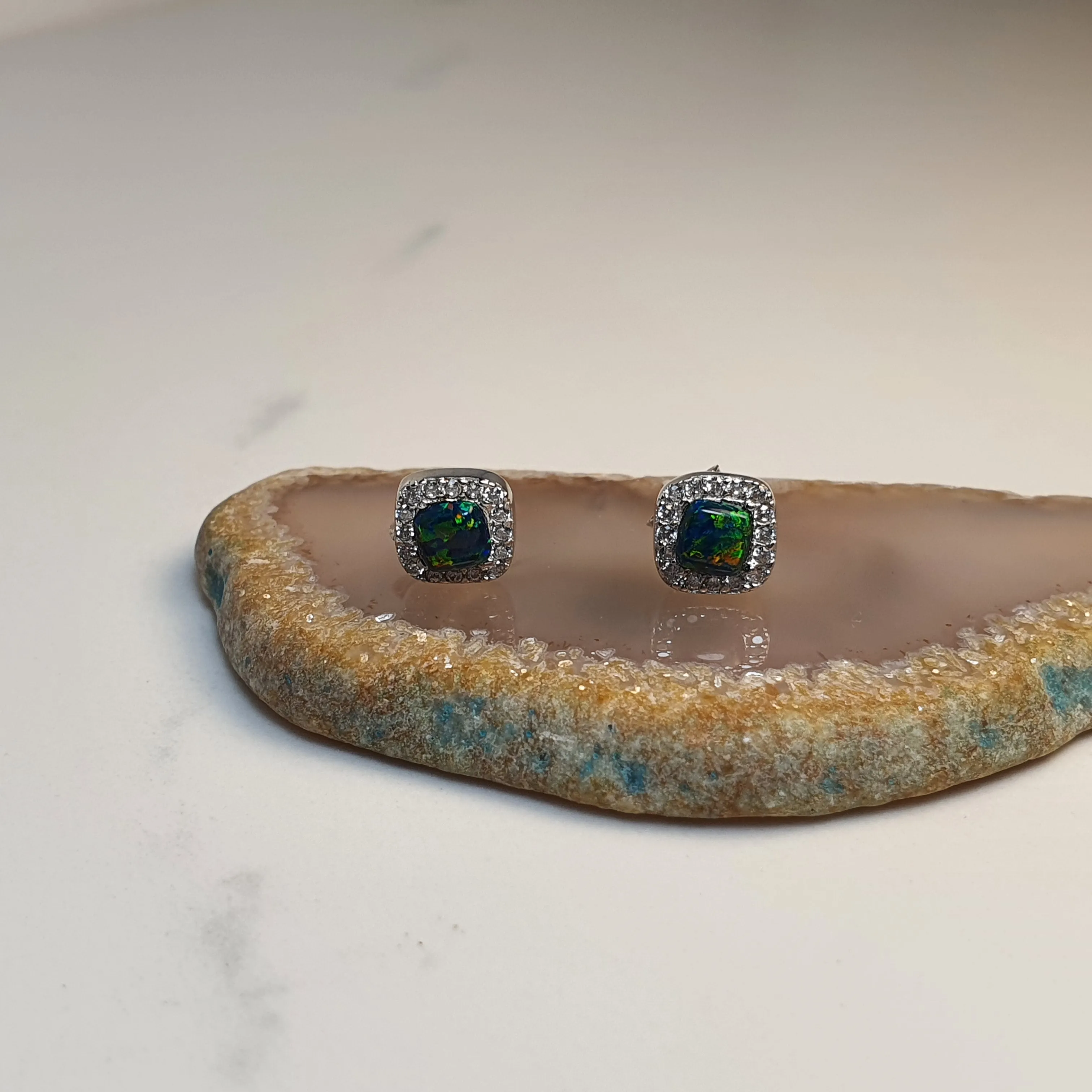 Lab Created Opal Stud Earrings, Sterling Silver