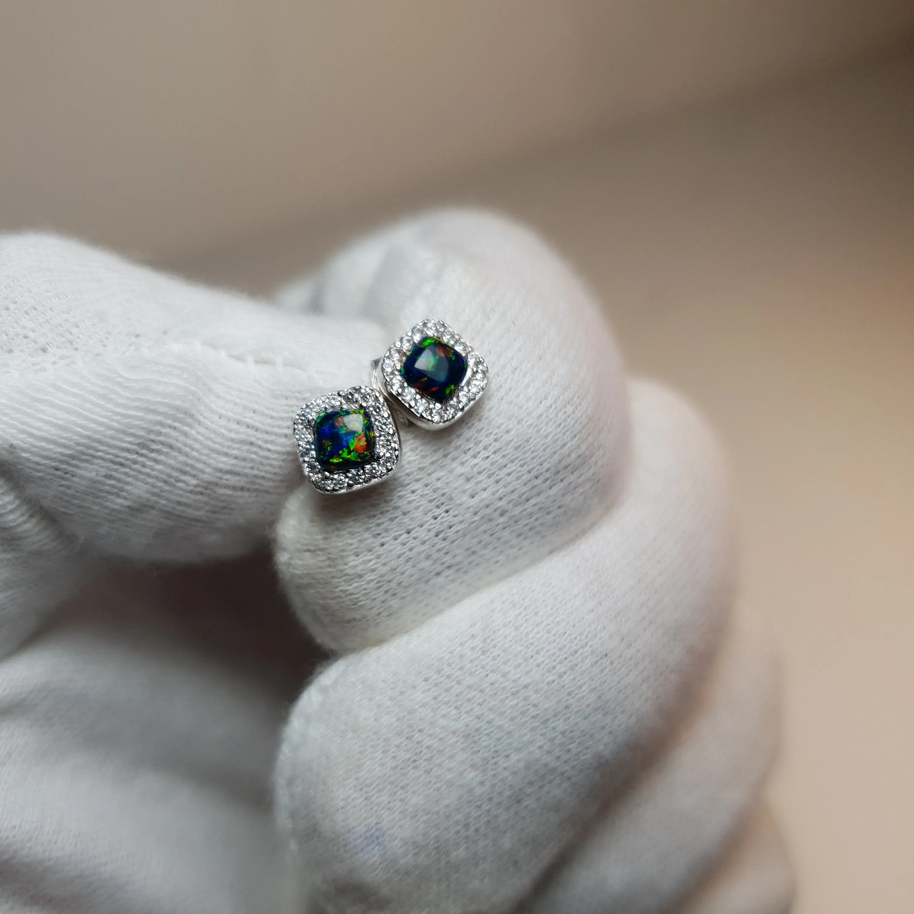 Lab Created Opal Stud Earrings, Sterling Silver