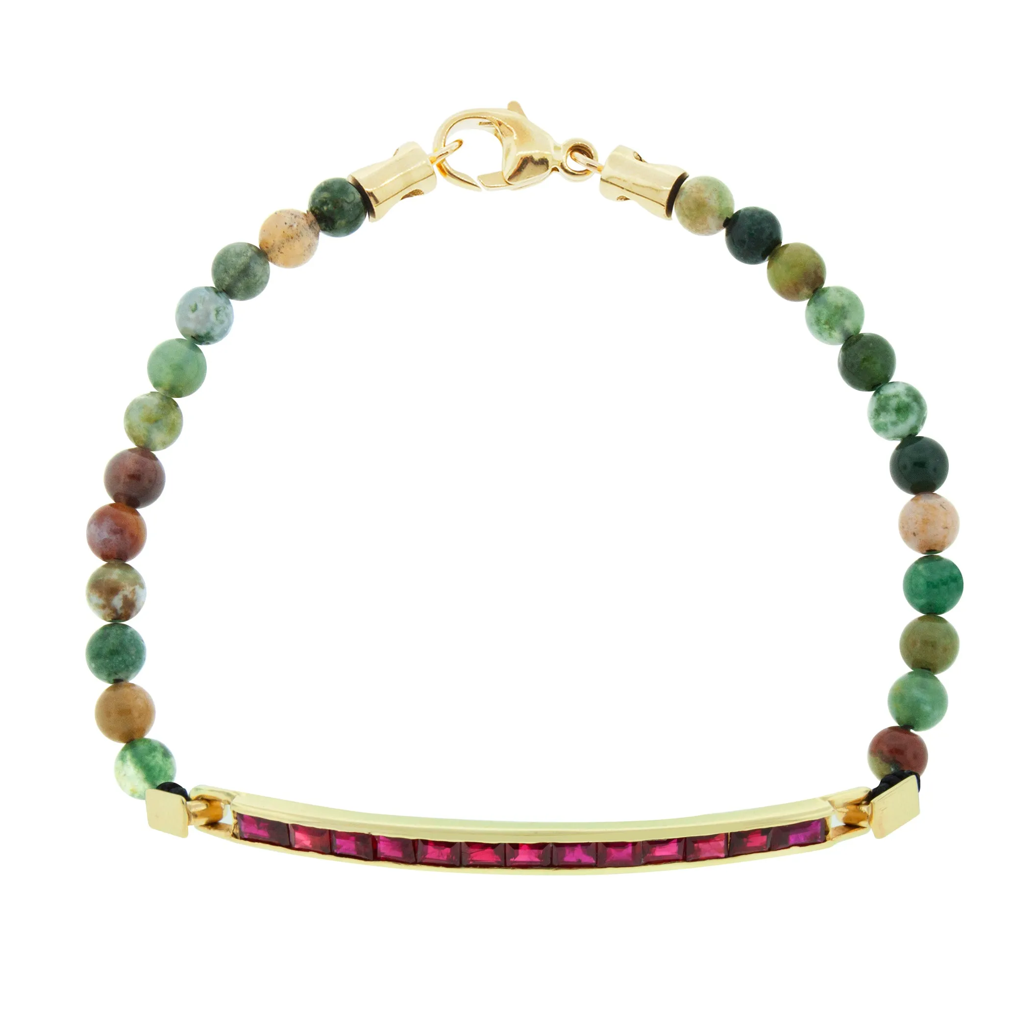 Large ID Bar with Ruby Baguettes on an Agate Beaded Bracelet