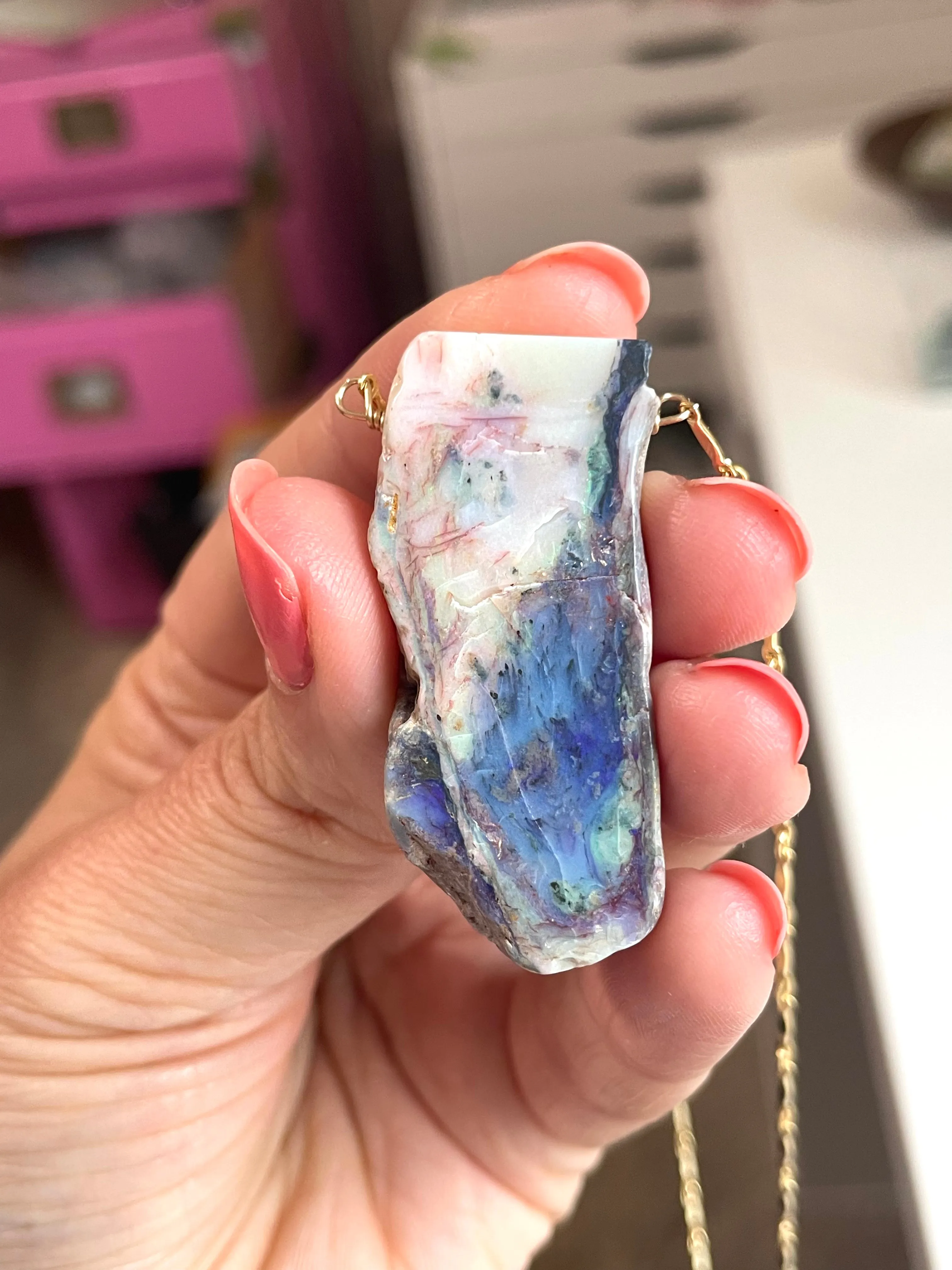 Large Raw Australian Opal Statement Necklace 14kt Gold Filled
