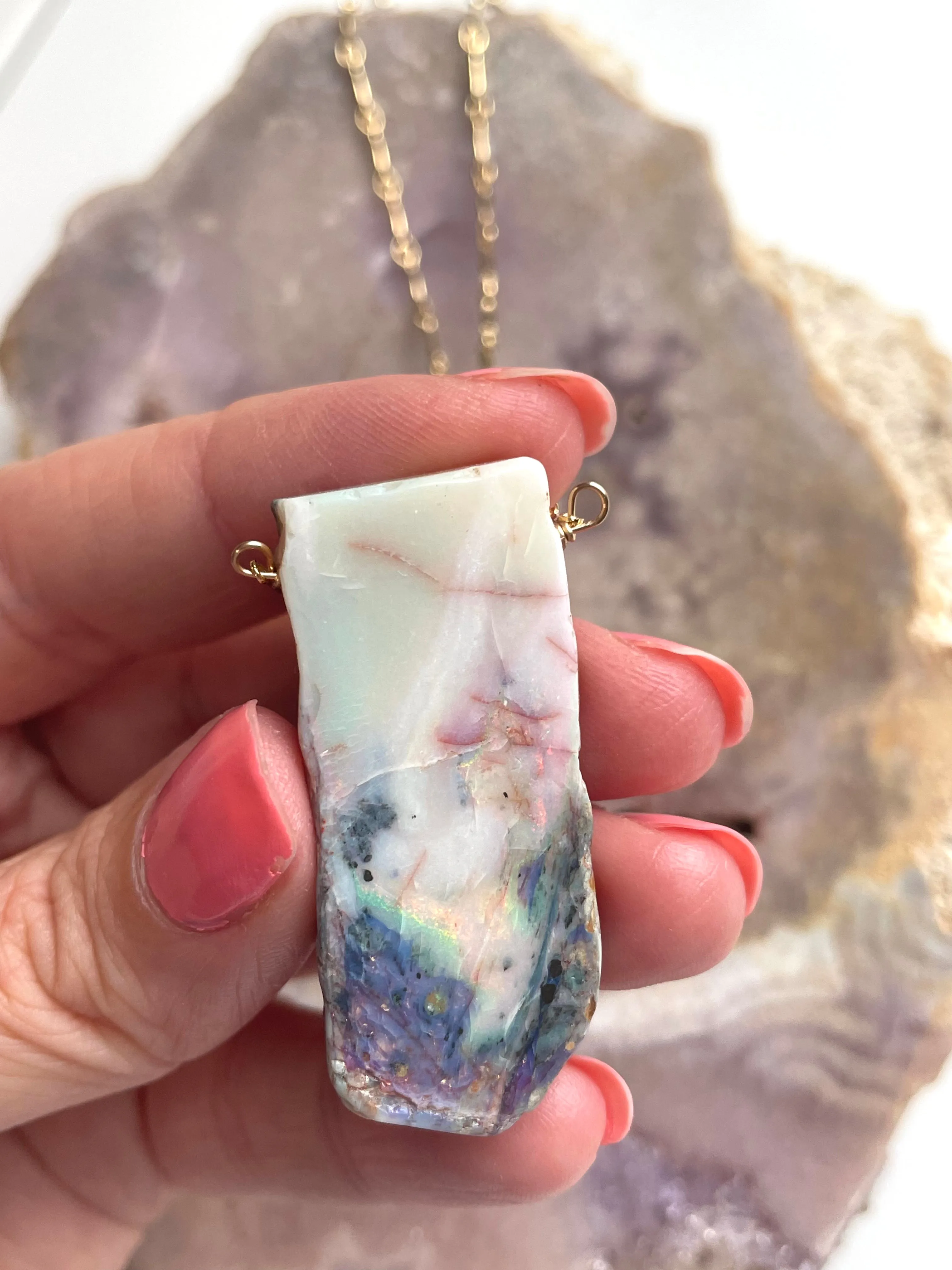 Large Raw Australian Opal Statement Necklace 14kt Gold Filled