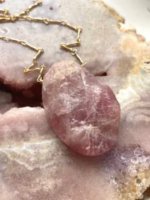Large Raw Rose Quartz Statement Crystal Necklace Gold Filled