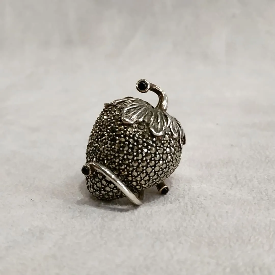Large statement Strawberry Ring Silver Onyx Marcasite