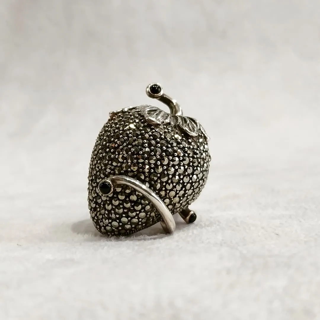 Large statement Strawberry Ring Silver Onyx Marcasite