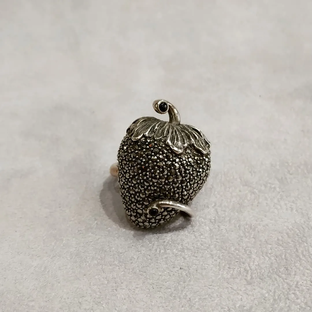 Large statement Strawberry Ring Silver Onyx Marcasite