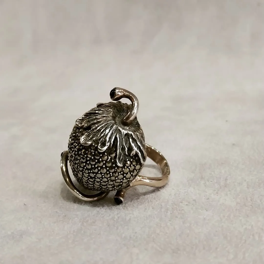 Large statement Strawberry Ring Silver Onyx Marcasite