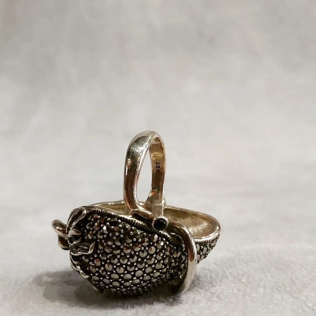 Large statement Strawberry Ring Silver Onyx Marcasite