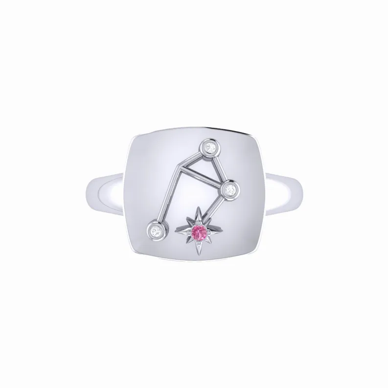 Libra Scales Pink Tourmaline & Diamond Constellation Signet Ring in Sterling Silver