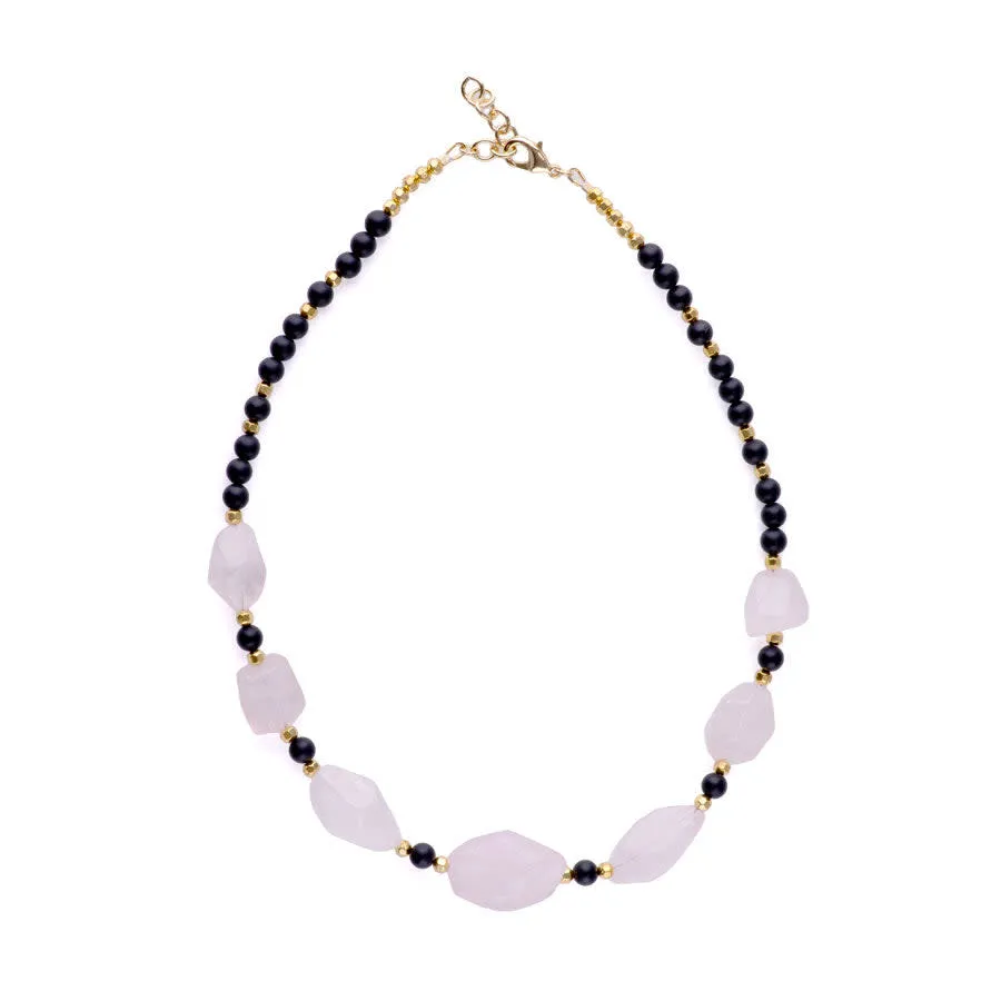 Limited Edition Rose Quartz Nugget with Gemstones and Hematite Beads Necklace Kit -  Matte Onyx and Gold