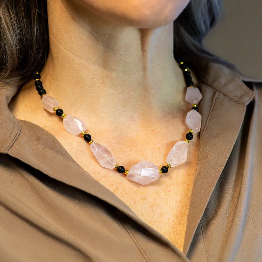 Limited Edition Rose Quartz Nugget with Gemstones and Hematite Beads Necklace Kit -  Matte Onyx and Gold