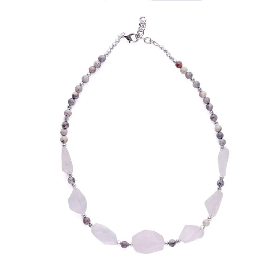 Limited Edition Rose Quartz Nugget with Gemstones and Hematite Beads Necklace Kit - Porcelain Jasper and Silver