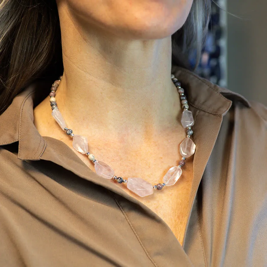 Limited Edition Rose Quartz Nugget with Gemstones and Hematite Beads Necklace Kit - Porcelain Jasper and Silver