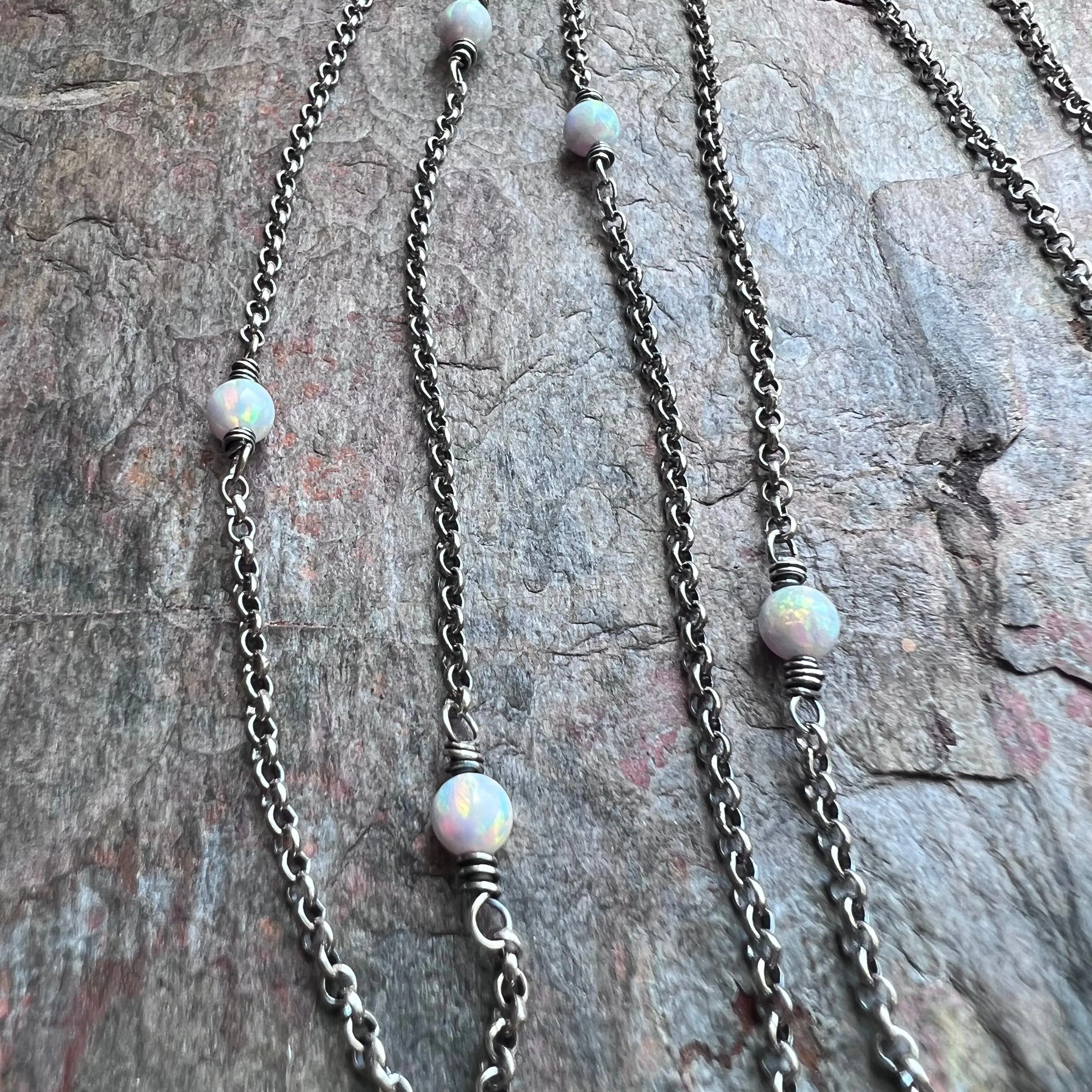 Long Sterling Silver Opal Necklace - Simulated Opal and Sterling Silver Chain Necklace