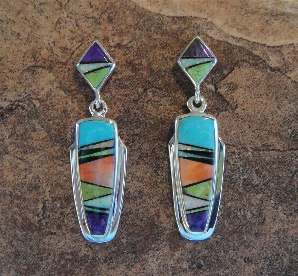 Native American Made Multi-Stone Inlaid and Sterling Silver Post Earrings