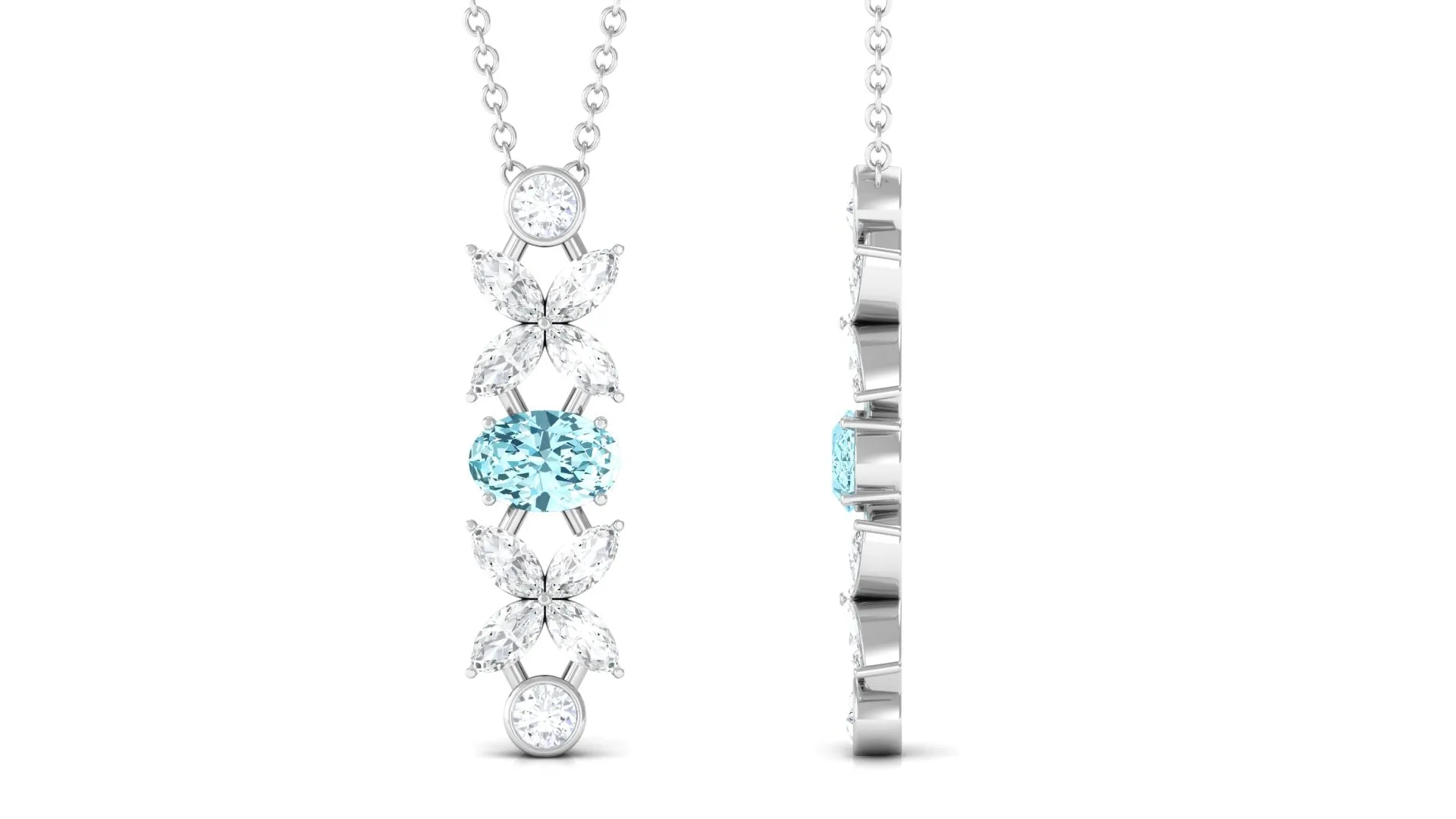 Natural Aquamarine and Diamond Flower Dangle Necklace