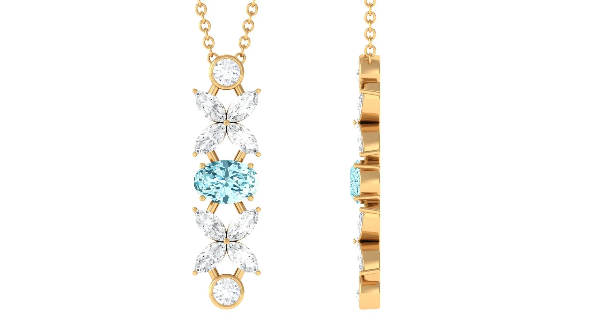 Natural Aquamarine and Diamond Flower Dangle Necklace