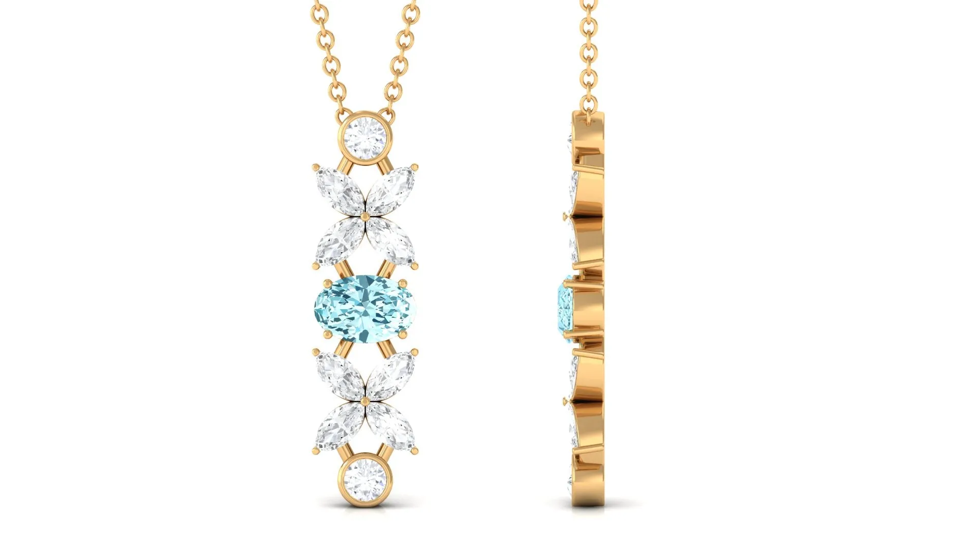 Natural Aquamarine and Diamond Flower Dangle Necklace