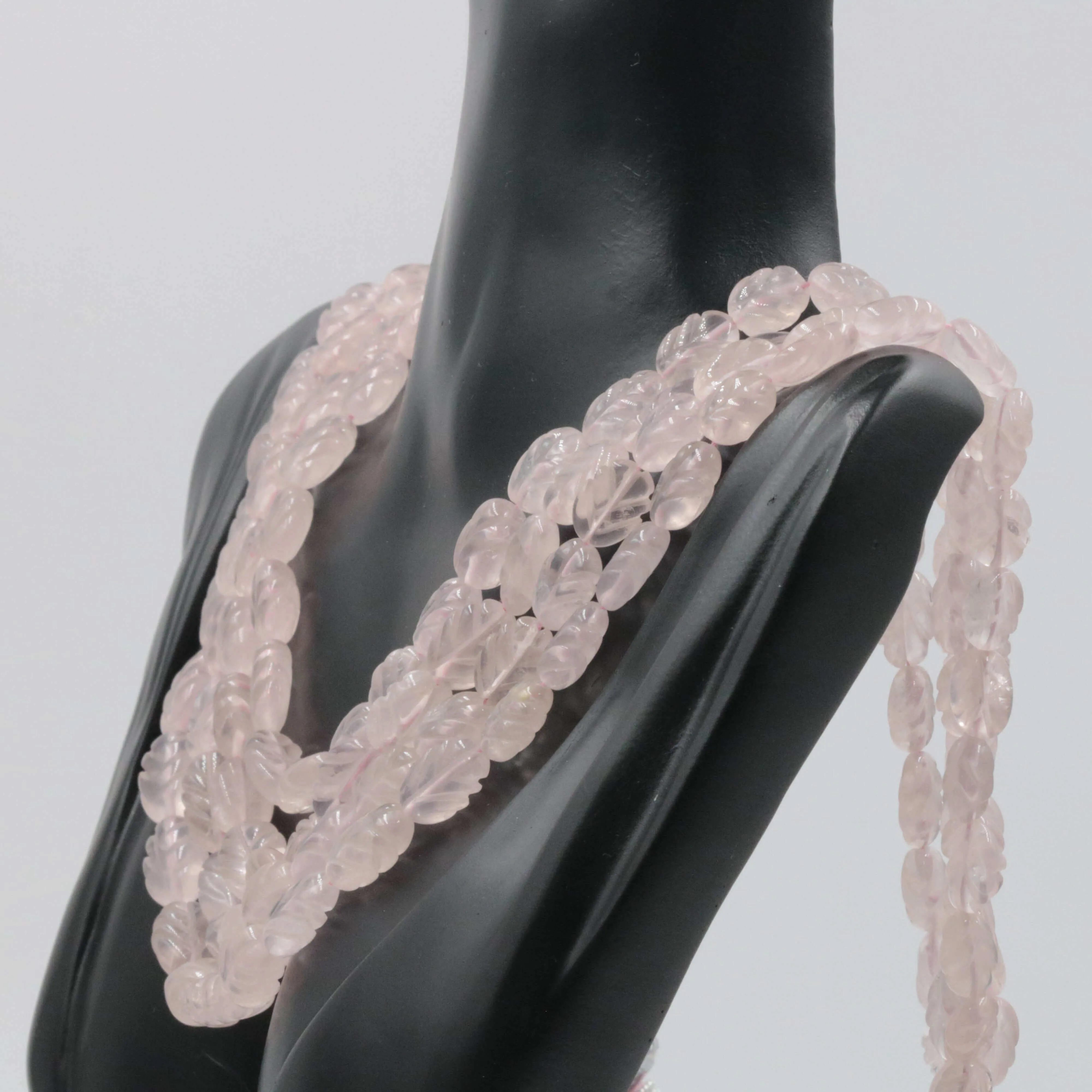 Natural Rose Quartz Carved Gemstone Leaf Design Beaded Necklace Rose Quartz Carved Beaded Gemstone Necklace SKU: 6142724, 6142725