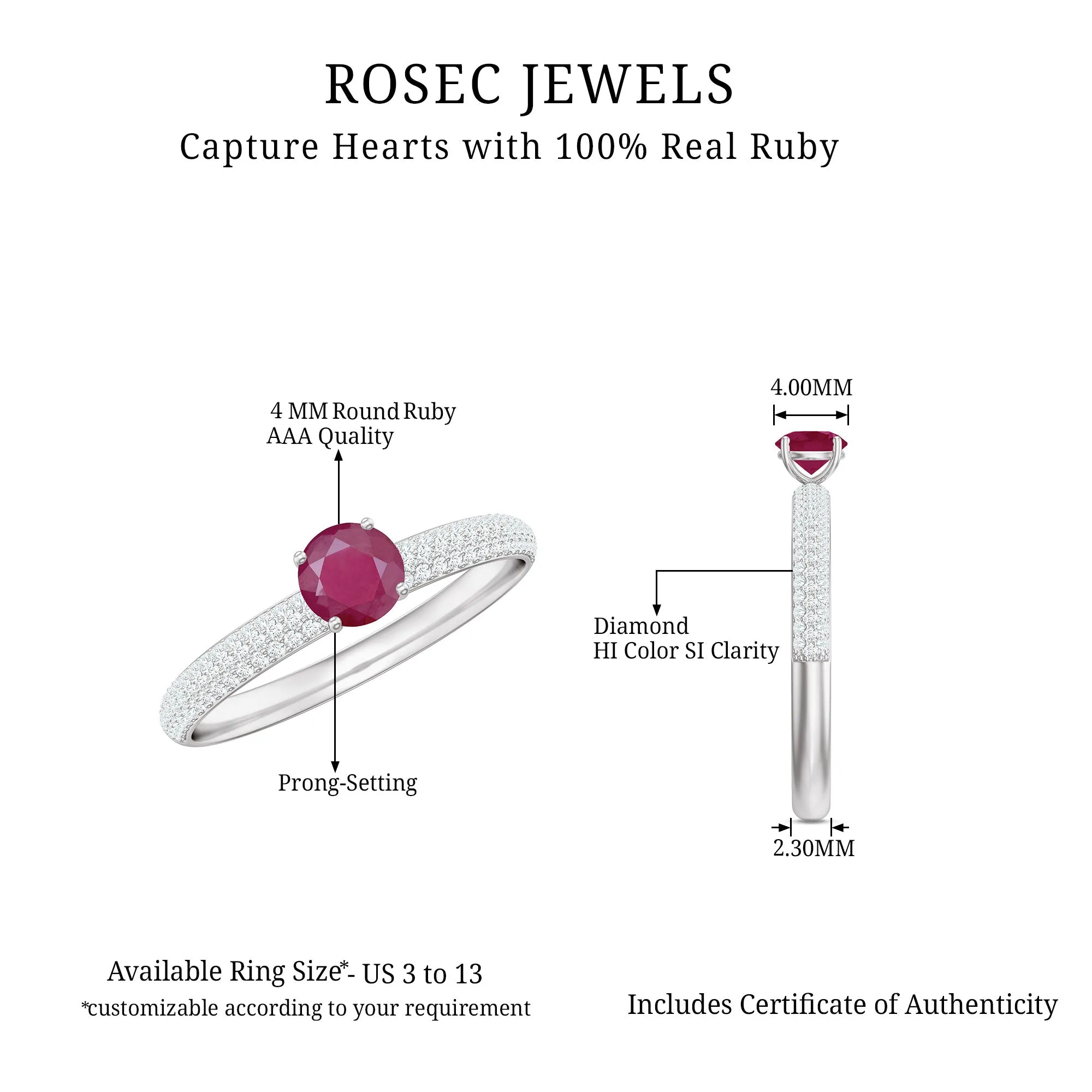 Natural Ruby Solitaire Ring with Diamond Side Stones