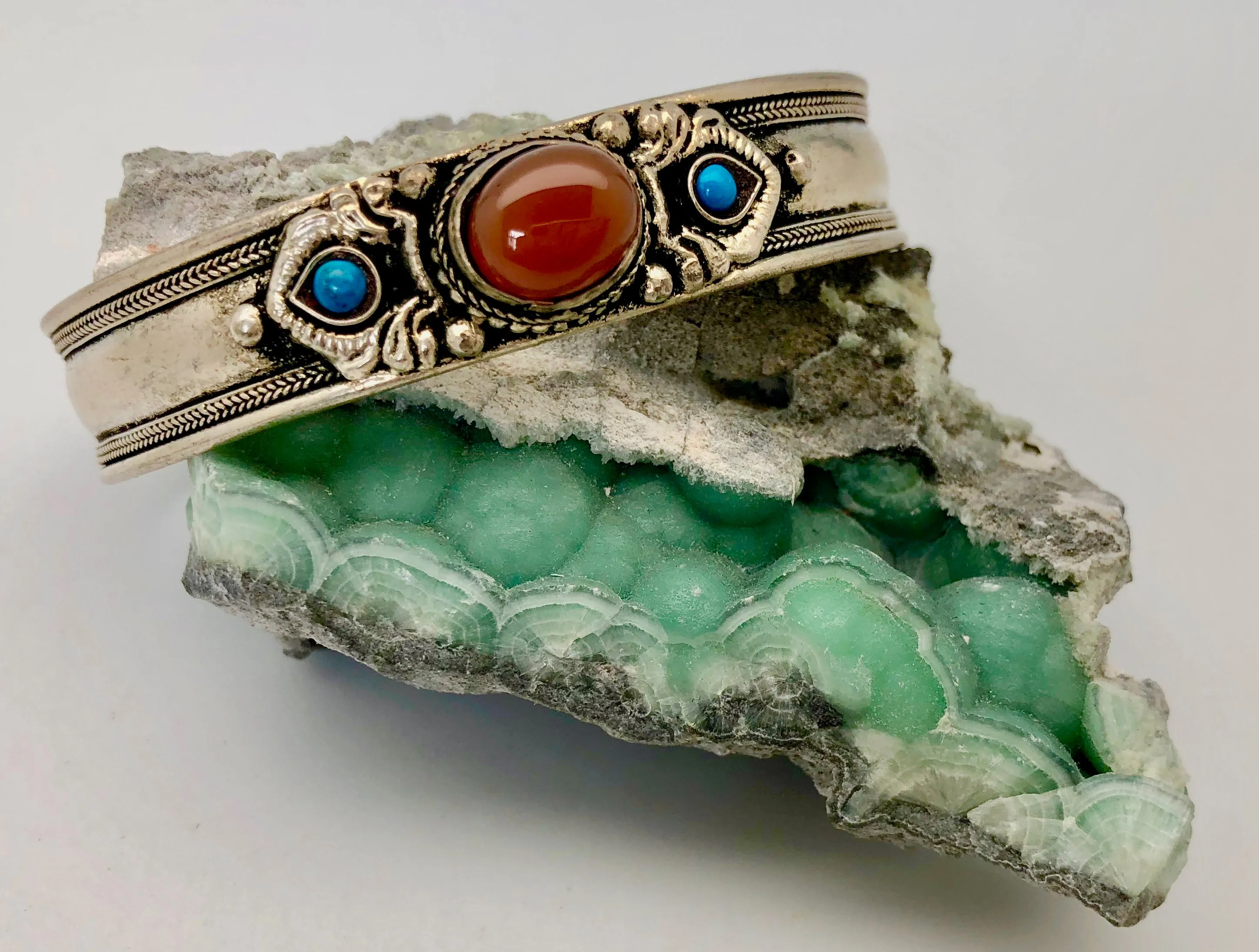 Nepali Vintage Silver Cuff Bracelet with Carnelian and Turquoise Cabochon