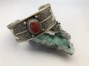Nepali Vintage Silver Cuff Bracelet with Large Carnelian Cabochon