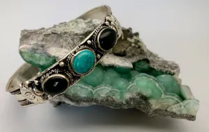 Nepali Vintage Silver Cuff Bracelet with Turquoise and Onyx Cabochon