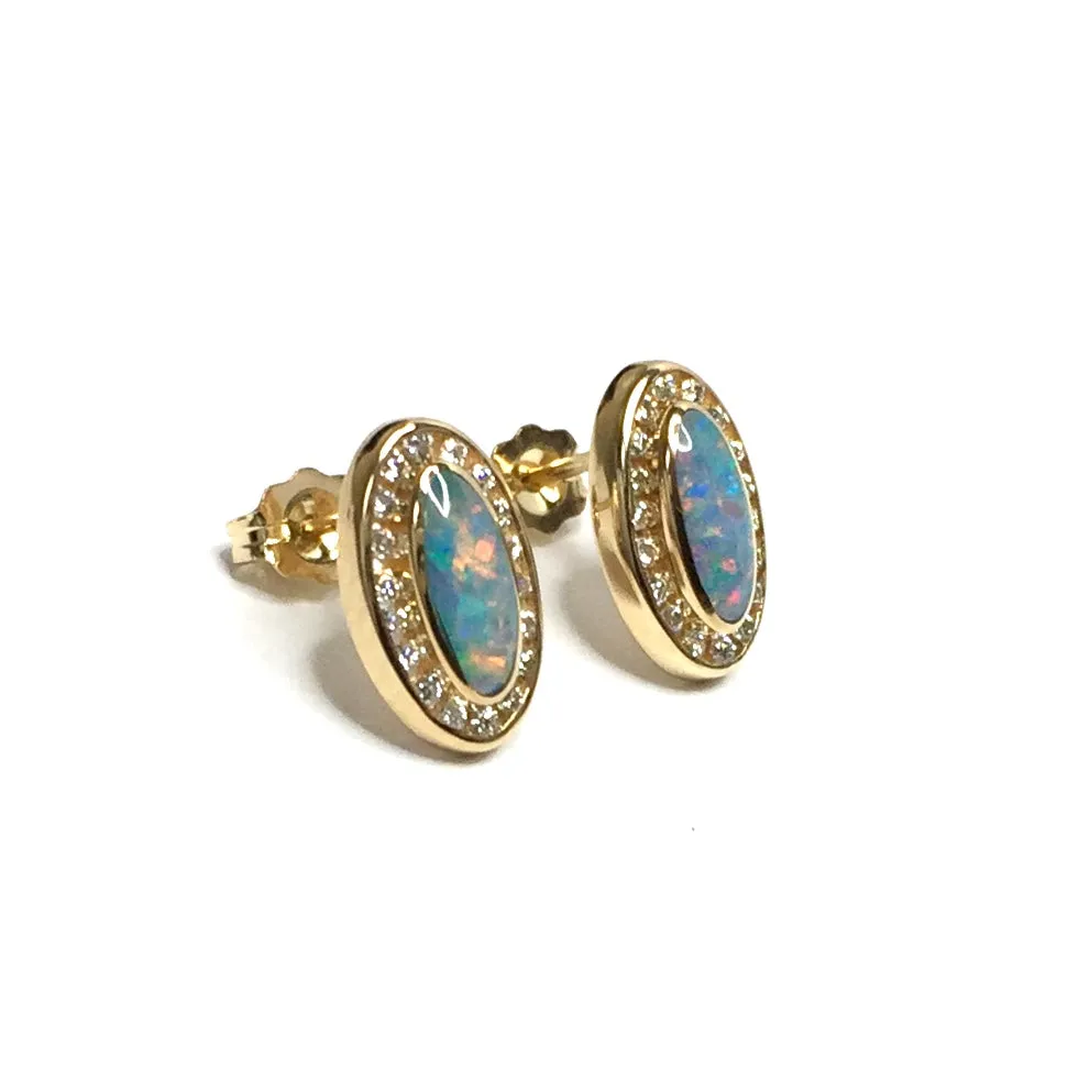 Opal Earrings Oval Inlaid with .25ctw Round Diamond Halo Studs