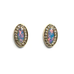 Opal Earrings Oval Inlaid with .25ctw Round Diamond Halo Studs