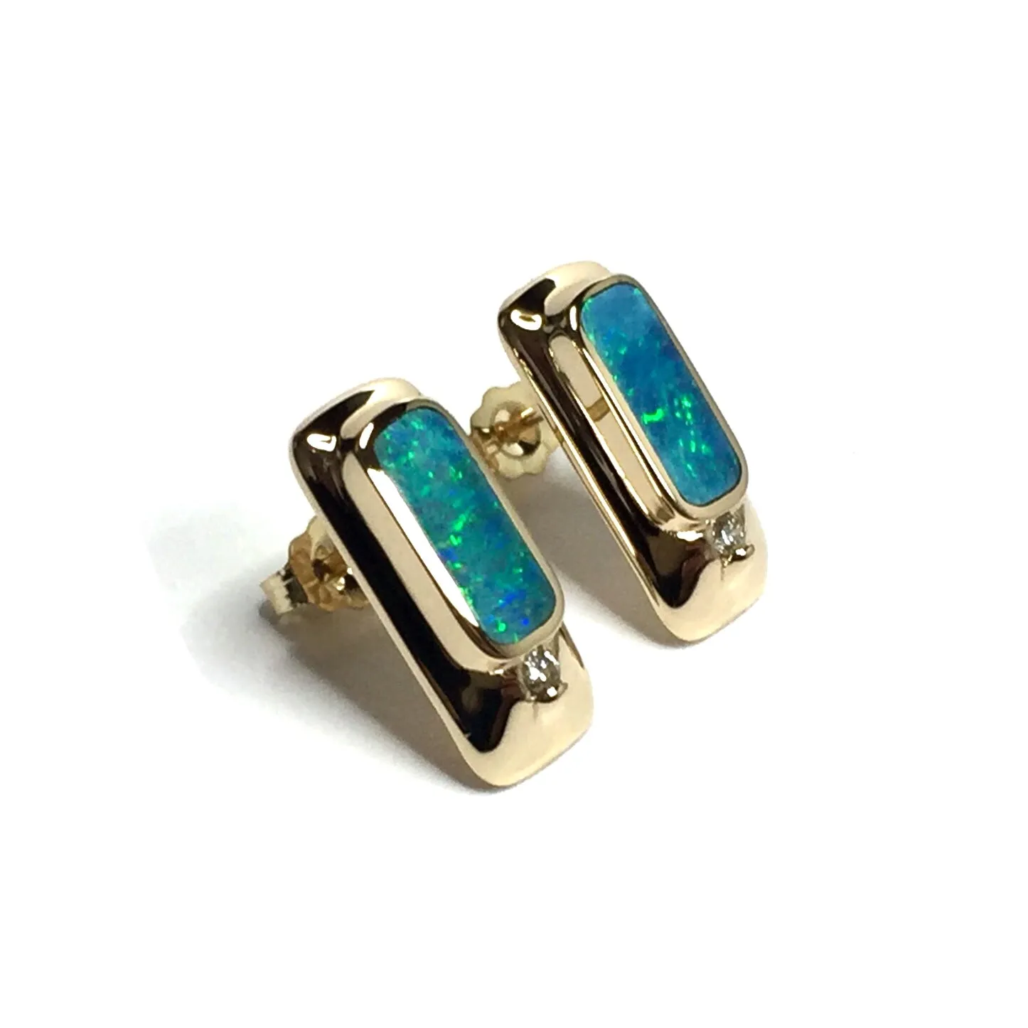 Opal Earrings Rectangle Inlaid Design with .05ctw Round Diamonds