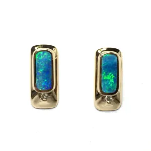 Opal Earrings Rectangle Inlaid Design with .05ctw Round Diamonds