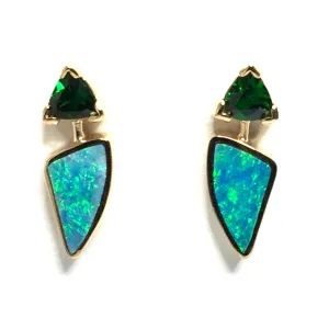 Opal Earrings Triangle Inlaid Design with Trillion Cut Tsavorite Studs