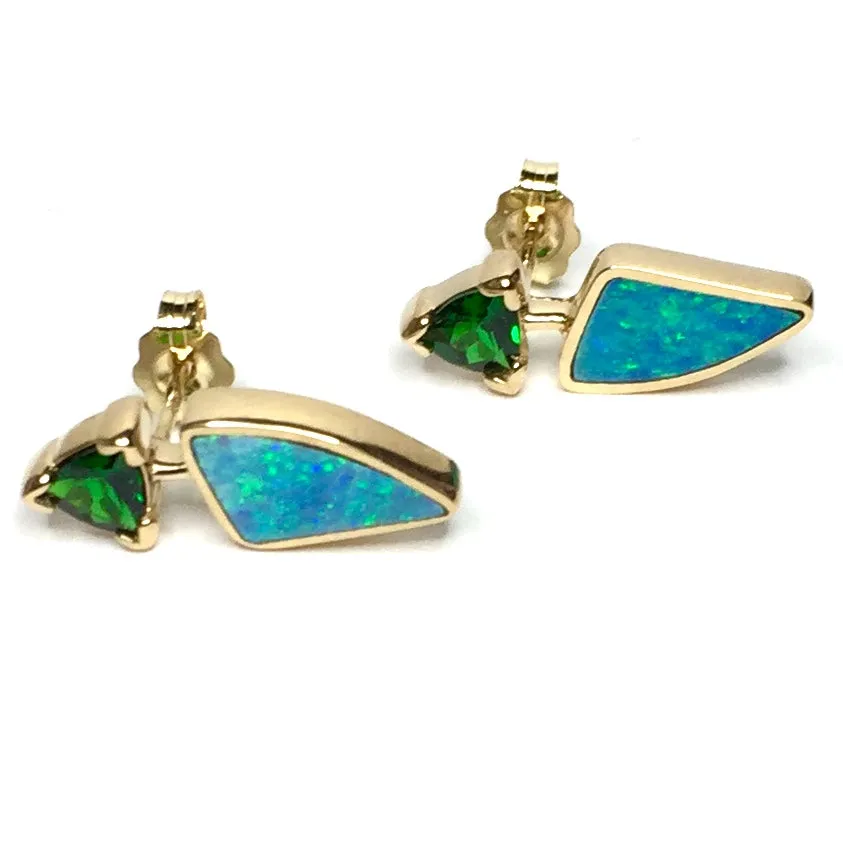 Opal Earrings Triangle Inlaid Design with Trillion Cut Tsavorite Studs