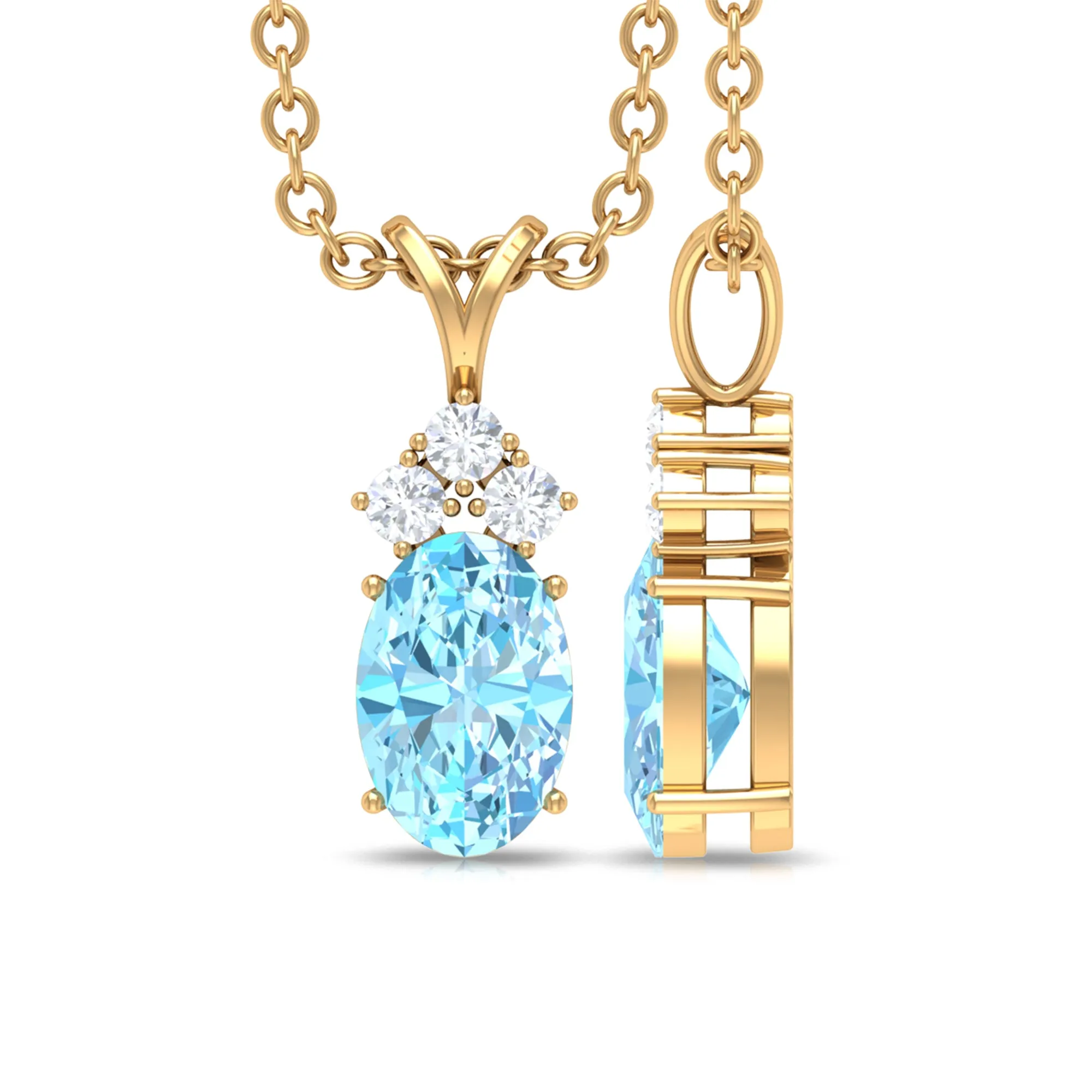 Oval Cut Aquamarine Pendant with Diamond Trio