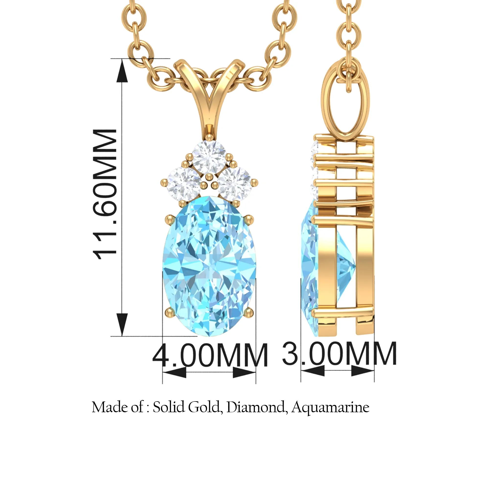 Oval Cut Aquamarine Pendant with Diamond Trio