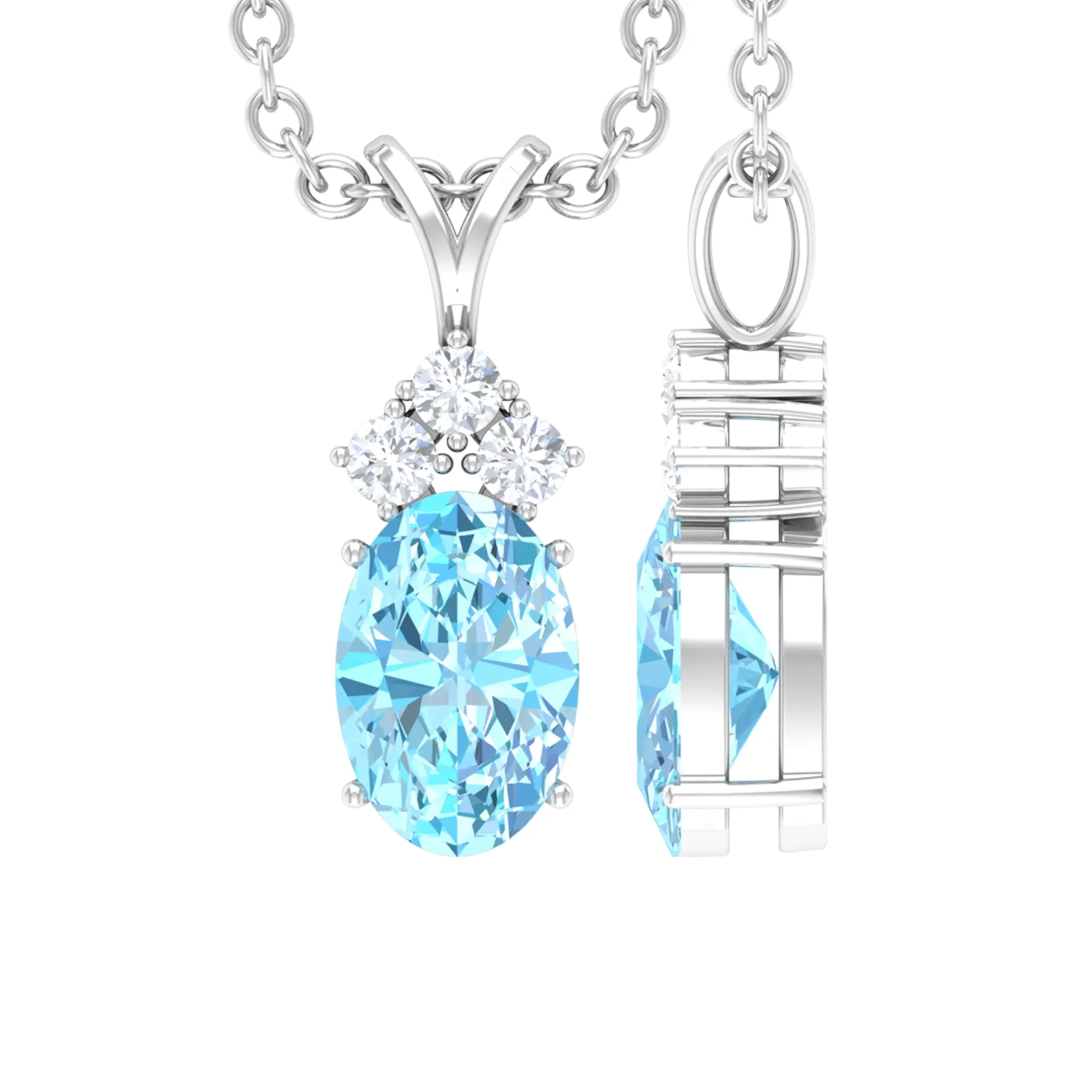 Oval Cut Aquamarine Pendant with Diamond Trio